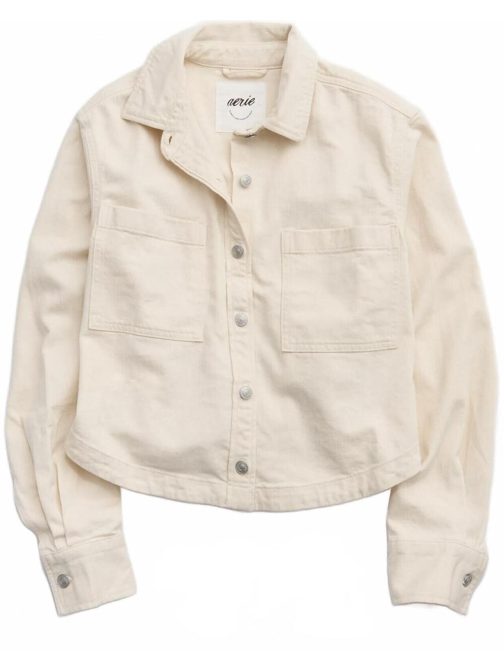 AE Aerie Cropped Buttondown Shirt American Eagle Greige Small